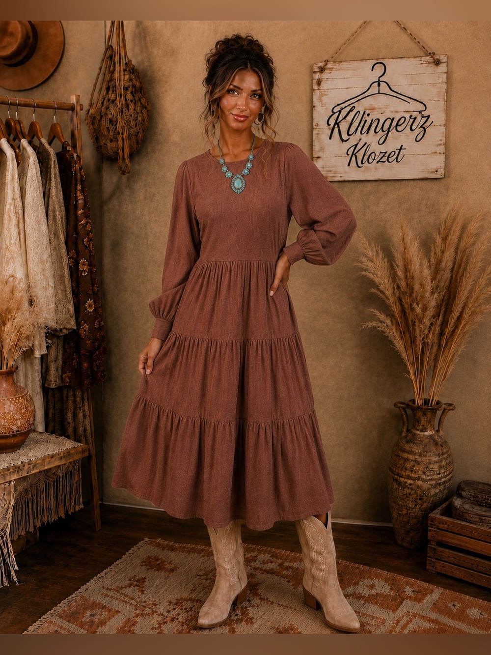 Tobrief Mocha Brown Boho Tiered Maxi Dress XL Smocked Balloon Sleeve